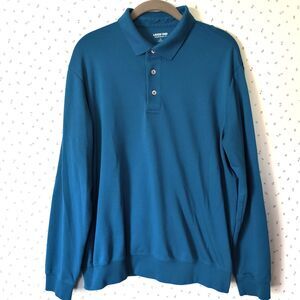 Lands' End Long Sleeve Polo Shirt Mens L Blue Supima Cotton Rugby Lounge Active